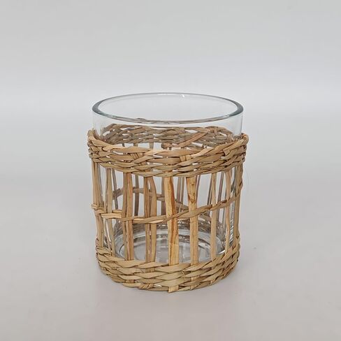 Glass Hurricane Candle Holders with Cane Wrap, Set of 2, 3.2" H x 2.7" Dia, Clear and Natural, Coastal Decor in Saudi Arabia