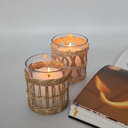 Glass Hurricane Candle Holders with Cane Wrap, Set of 2, 3.2" H x 2.7" Dia, Clear and Natural, Coastal Decor in Saudi Arabia