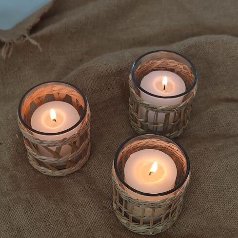 Glass Hurricane Candle Holders with Cane Wrap, Set of 2, 3.2" H x 2.7" Dia, Clear and Natural, Coastal Decor in Saudi Arabia