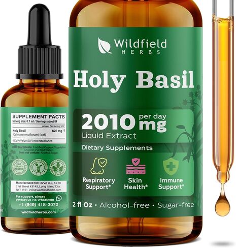 2 أونصة من قطرات سائلة من خلاصة أوراق الريحان المقدسة 2000 مجم (Ocimum Tenuiflorum) مكمل عشبي، 84 وجبة، صبغة خالية من الكحول in Kuwait