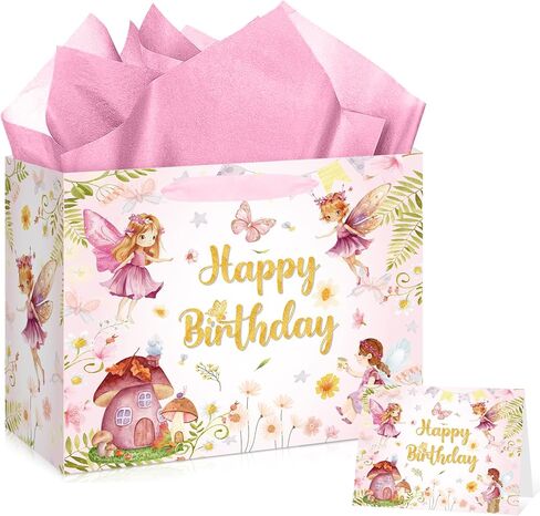 Fairy 1st Birthday Gift Bag Our Little Fairy is Turning One Gift Bag with Card and Tissue Paper My Fairy First Birthday Wrapping Paper Bag for Girls Newborn Baby Shower First Birthday Party Supplies in Saudi Arabia
