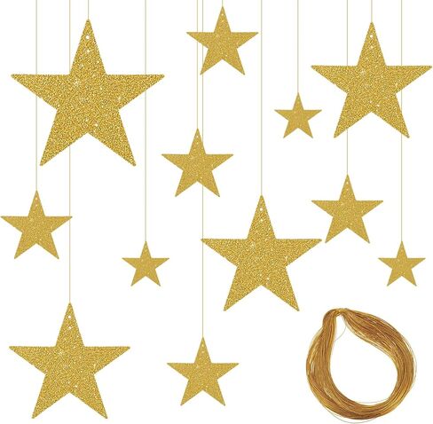 24PCS Gold Cardboard Stars with String, Shiny Hanging Gold Star Cutouts, Different Sizes Golden Star Decorations, Suitable for Bulletin Board Wedding Birthday Party Christmas New Year Decorations in Saudi Arabia