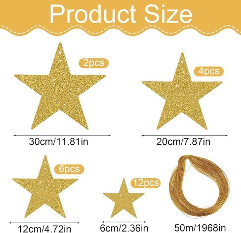 24PCS Gold Cardboard Stars with String, Shiny Hanging Gold Star Cutouts, Different Sizes Golden Star Decorations, Suitable for Bulletin Board Wedding Birthday Party Christmas New Year Decorations in Saudi Arabia