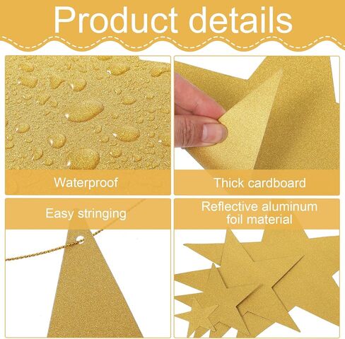24PCS Gold Cardboard Stars with String, Shiny Hanging Gold Star Cutouts, Different Sizes Golden Star Decorations, Suitable for Bulletin Board Wedding Birthday Party Christmas New Year Decorations in Saudi Arabia
