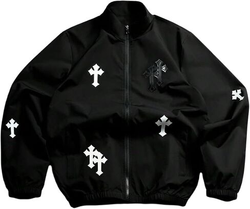 Men's Cross Print Jacket Goth Zip Up Vintage Long Sleeve Coats Streetwear in Saudi Arabia