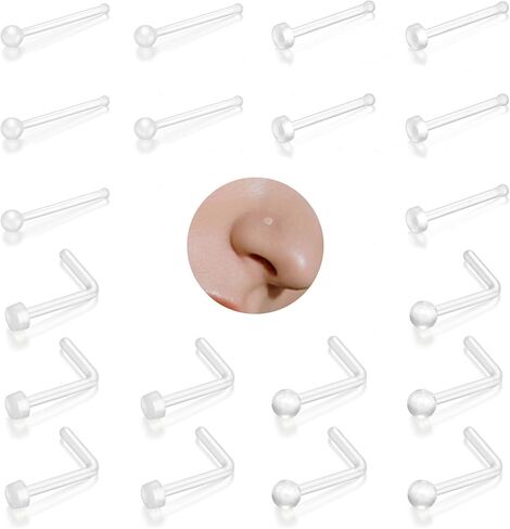 20Pcs Clear Nose Rings Retainer Set – 18G/20G I & L Shape Bioflex Studs, Flat & Round Top, 2mm Top, 8mm/10mm – Invisible Nose Piercing Jewelry for Work, Hospital, School, Surgery in Saudi Arabia