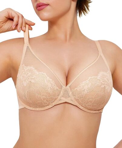 Popilush Minimizer Bras for Women | Full Coverage Plus Size Support for Heavy Breasts | Everyday Comfort Underwire Bra | Smoothing Lace for Under T-Shirts Beige in Saudi Arabia