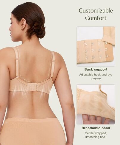 Popilush Minimizer Bras for Women | Full Coverage Plus Size Support for Heavy Breasts | Everyday Comfort Underwire Bra | Smoothing Lace for Under T-Shirts Beige in Saudi Arabia