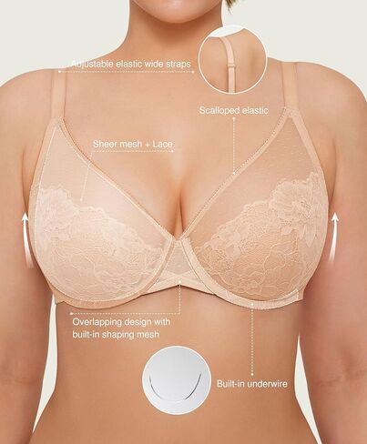 Popilush Minimizer Bras for Women | Full Coverage Plus Size Support for Heavy Breasts | Everyday Comfort Underwire Bra | Smoothing Lace for Under T-Shirts Beige in Saudi Arabia