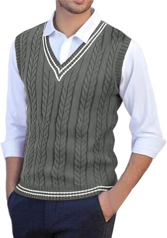 JiXiang Sweater Vest Men V Neck Casual Sleeveless Pullover Striped Cable Knit Business Casual Tops for Fall Winter Layering in Saudi Arabia
