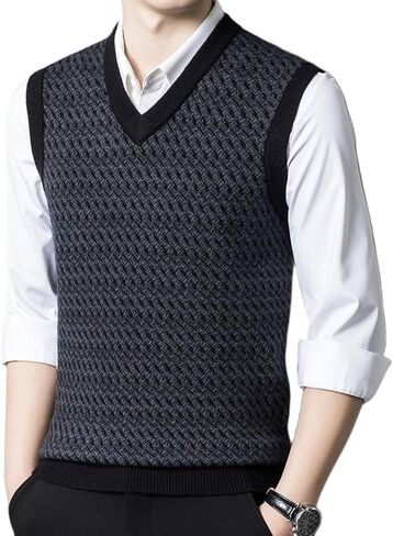 Mens Vintage Sweater Vest 100% Cashmere Stripe Casual Sleeveless V Neck Sweaters Knit Vest in Saudi Arabia