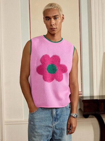 Men's Floral Sleeveless Knitted Sweater Crew Neck Pullover Sweater Vest in Saudi Arabia