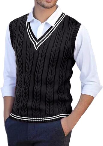 JiXiang Sweater Vest Men V Neck Casual Sleeveless Pullover Striped Cable Knit Business Casual Tops for Fall Winter Layering in Saudi Arabia