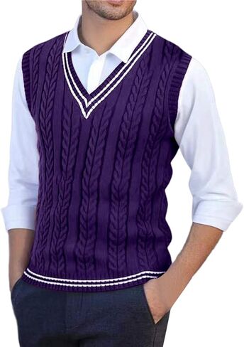 JiXiang Sweater Vest Men V Neck Casual Sleeveless Pullover Striped Cable Knit Business Casual Tops for Fall Winter Layering in Saudi Arabia
