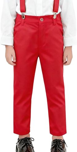 Youth Boy Classic Chino Uniform Pants with Suspenders for Casual, Pull On Stretch Slim Flat Front Formal Pants in Saudi Arabia
