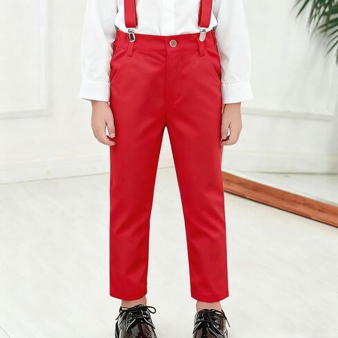 Youth Boy Classic Chino Uniform Pants with Suspenders for Casual, Pull On Stretch Slim Flat Front Formal Pants in Saudi Arabia