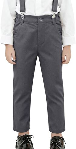 Youth Boy Classic Chino Uniform Pants with Suspenders for Casual, Pull On Stretch Slim Flat Front Formal Pants in Saudi Arabia