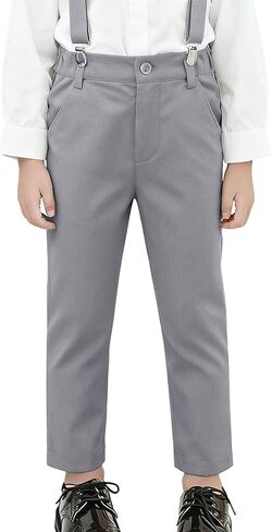 Youth Boy Classic Chino Uniform Pants with Suspenders for Casual, Pull On Stretch Slim Flat Front Formal Pants in Saudi Arabia