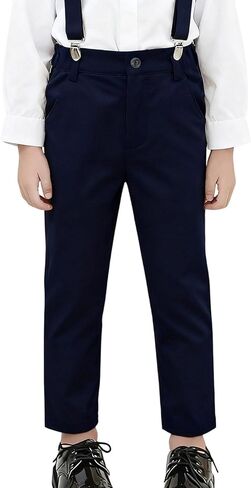 Youth Boy Classic Chino Uniform Pants with Suspenders for Casual, Pull On Stretch Slim Flat Front Formal Pants in Saudi Arabia