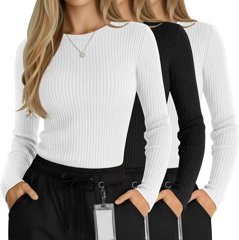 3 Pack Women's Ribbed Knit Underscrub Shirts, Cotton Long Sleeve Scrub Undershirt Crewneck Top Basic Tee for Nurse in Saudi Arabia