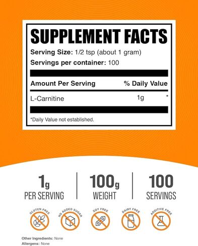 BulkSupplements.com مسحوق L-Carnitine - مكمل الكارنيتين، مكمل الأحماض الأمينية - بدون نكهة وخالي من الغلوتين، 1 جرام لكل وجبة، 100 جرام (3.5 أونصة) (عبوة من قطعة واحدة) in Saudi Arabia