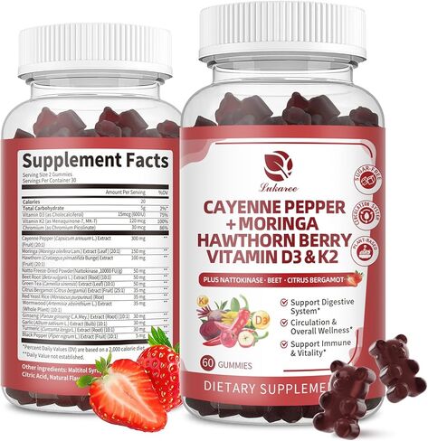 (2 Pack) 16 in 1 Cayenne Pepper Gummies- Sugar-Free 20x Capsaicin Supplements Complex w/Moringa, Hawthorn, Beet Root - Plus Wormwood, Citrus Bergamot Support Circulation* & Overall Wellness* - 60 CT in Saudi Arabia
