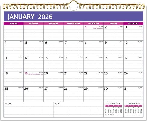 2025-2026 Wall Calendar - Jul 2025 –Dec 2026, 18 Months Calendar 2025-2026, 14.57 x 11.42 In, 2025-2026 Calendar, Monthly Calendar with Ruled Blocks, Thick Paper, Holidays, To-do ＆ Notes, Blue & Grey in Kuwait