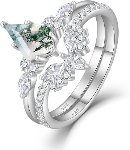 Natural Moss Agate Ring for Women 925 Sterling Silver Kite Cut Moss Agate Engagement Ring Set Moissanite Promise Rings Wedding Band Birthday Anniversary Jewelry Gift for Her in Saudi Arabia