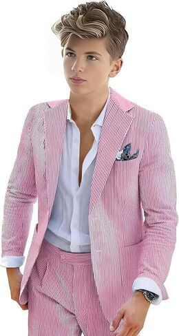 Boys Seersucker Suit 2 Piece Tuxedo for Boy Striped Blazer Pants Boys Summer Beach Wedding Suit in Saudi Arabia