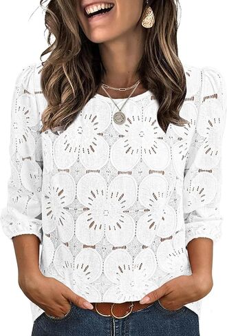 Sampeel Women Blouses Dressy Casual 3/4 Length Sleeve Tops Eyelet Lace Spring Summer Shirts Beach Vacation Clothes in Saudi Arabia