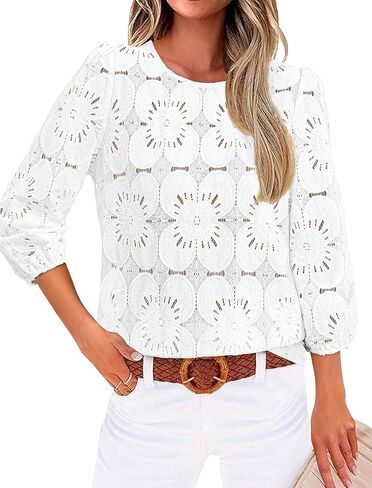 Sampeel Women Blouses Dressy Casual 3/4 Length Sleeve Tops Eyelet Lace Spring Summer Shirts Beach Vacation Clothes in Saudi Arabia