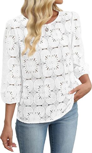 Sampeel Women Blouses Dressy Casual 3/4 Length Sleeve Tops Eyelet Lace Spring Summer Shirts Beach Vacation Clothes in Saudi Arabia