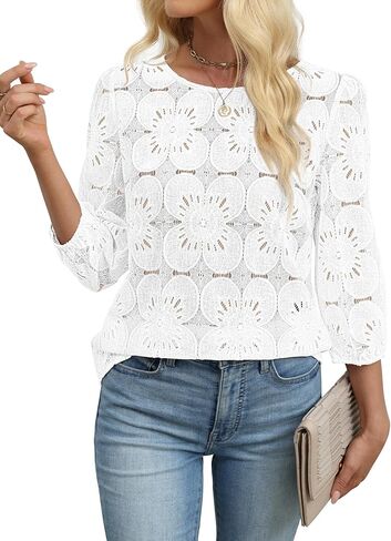 Sampeel Women Blouses Dressy Casual 3/4 Length Sleeve Tops Eyelet Lace Spring Summer Shirts Beach Vacation Clothes in Saudi Arabia