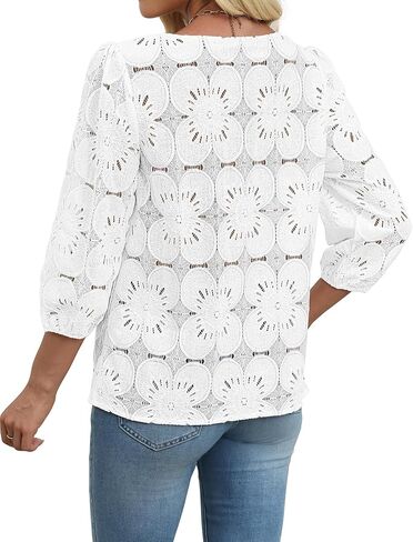 Sampeel Women Blouses Dressy Casual 3/4 Length Sleeve Tops Eyelet Lace Spring Summer Shirts Beach Vacation Clothes in Saudi Arabia