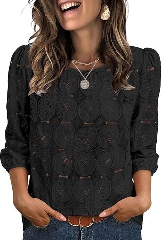 Sampeel Women Blouses Dressy Casual 3/4 Length Sleeve Tops Eyelet Lace Spring Summer Shirts Beach Vacation Clothes in Saudi Arabia