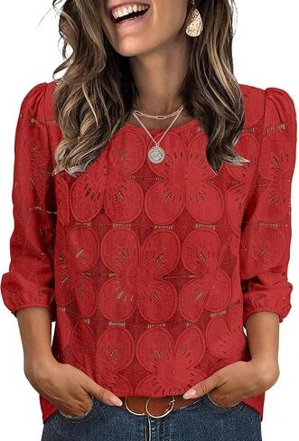 Sampeel Women Blouses Dressy Casual 3/4 Length Sleeve Tops Eyelet Lace Spring Summer Shirts Beach Vacation Clothes in Saudi Arabia