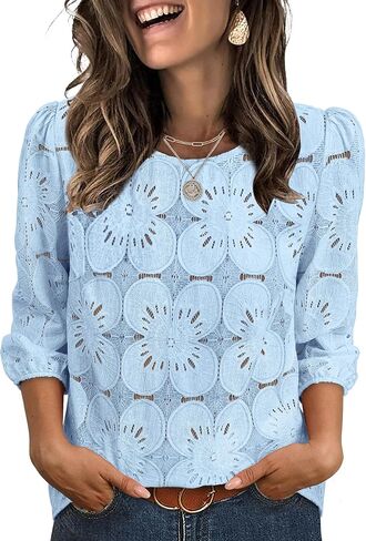 Sampeel Women Blouses Dressy Casual 3/4 Length Sleeve Tops Eyelet Lace Spring Summer Shirts Beach Vacation Clothes in Saudi Arabia