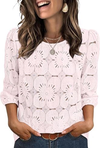 Sampeel Women Blouses Dressy Casual 3/4 Length Sleeve Tops Eyelet Lace Spring Summer Shirts Beach Vacation Clothes in Saudi Arabia