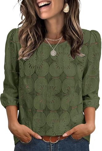 Sampeel Women Blouses Dressy Casual 3/4 Length Sleeve Tops Eyelet Lace Spring Summer Shirts Beach Vacation Clothes in Saudi Arabia