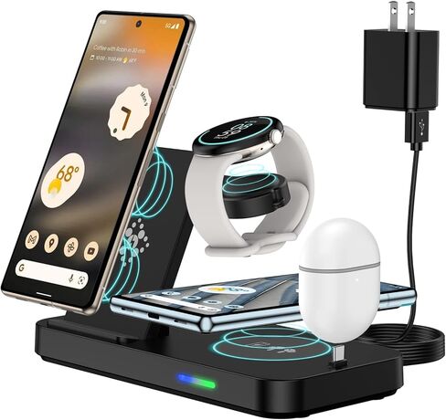 شاحن لاسلكي 4 في 1 قابل للطي لساعة Google Pixel 3/2، حامل شحن لـ Pixel 9 Pro/9 Pro XL/9/8 Pro/8a/8/7/Pro/7/6، Pixel Buds Pro/2، لاسلكي محمول محطة شحن مع محول 24 واط in Saudi Arabia