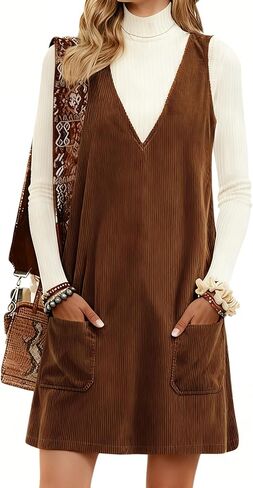 فستان قصير للنساء من Hooever برقبة على شكل حرف V، فستان قصير على شكل حرف A مع جيوب in Kuwait