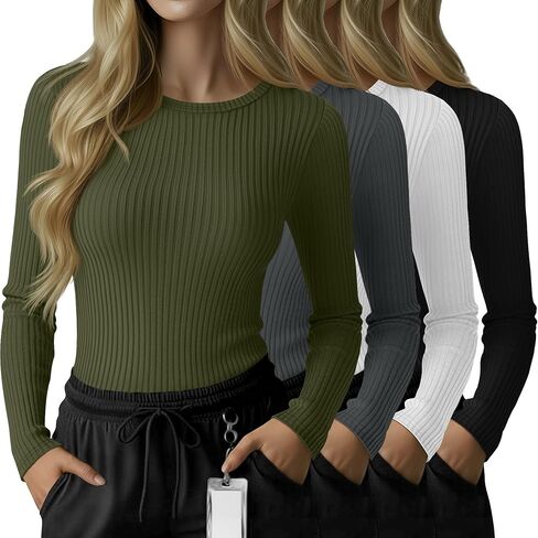 4 Pack Women's Underscrub Shirts Long Sleeve Ribbed Crewneck Tops Slim Fit Soft Cotton Undershirts for Nurse in Saudi Arabia
