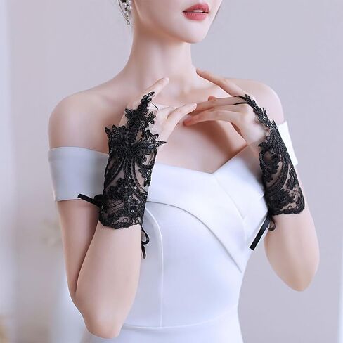 Lace Fingerless Gloves Black Short Lace Embroidered for Women Wedding Bride Party Cosplay Prom Masquerade Halloween in Saudi Arabia