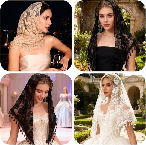 3 Pack Mass Veil for Women, 55x19In Mantilla Catholic Veil Triangle Lace Tulle Scarf Floral Head Wrap Church Headband for Bridal Bridesmaid Weeding Party, 3Colors in Saudi Arabia