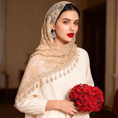 3 Pack Mass Veil for Women, 55x19In Mantilla Catholic Veil Triangle Lace Tulle Scarf Floral Head Wrap Church Headband for Bridal Bridesmaid Weeding Party, 3Colors in Saudi Arabia