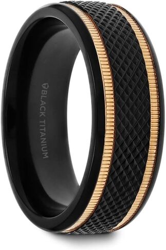Mens Black Titanium Diamond Pattern Gold Milgrain Grooves Wedding Ring - Brushed Finish Comfort Fit - 8mm Wide - Style name: BAROQUE in Saudi Arabia