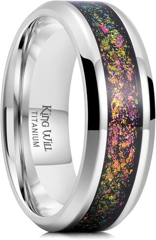 King Will Titanium Wedding Band for Men Women-8mm Black Titanium Rings with Multicolor Foils Inlay, Durable Wedding Rings with Domed & Flat Cut Style Comfort Fit Size 7-13 in Saudi Arabia