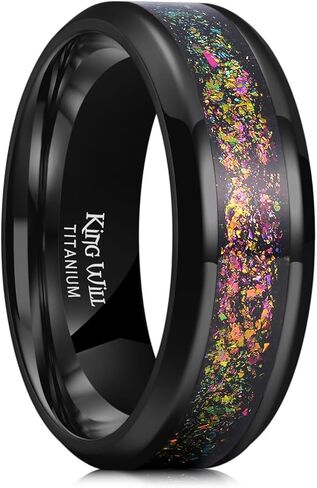 King Will Titanium Wedding Band for Men Women-8mm Black Titanium Rings with Multicolor Foils Inlay, Durable Wedding Rings with Domed & Flat Cut Style Comfort Fit Size 7-13 in Saudi Arabia