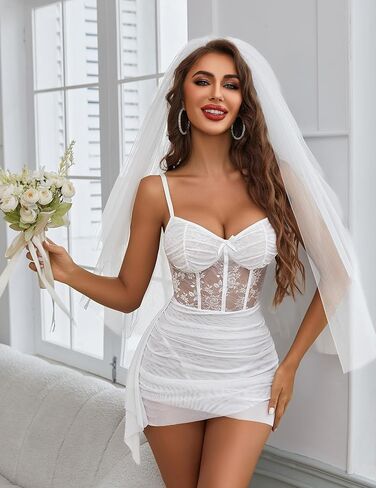 Avidlove White Babydoll Lingerie Mesh Lingerie Dress Wedding Lingerie For Bride (White, Large) in Saudi Arabia