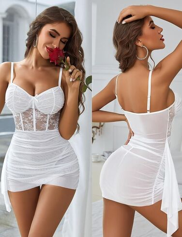 Avidlove White Babydoll Lingerie Mesh Lingerie Dress Wedding Lingerie For Bride (White, Large) in Saudi Arabia